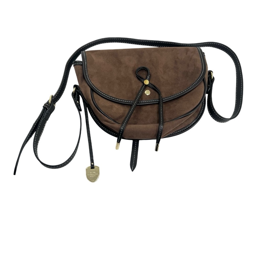 London Fog Women's Newbury Large Saddle Cross Body Handbag Brown Mink Suede